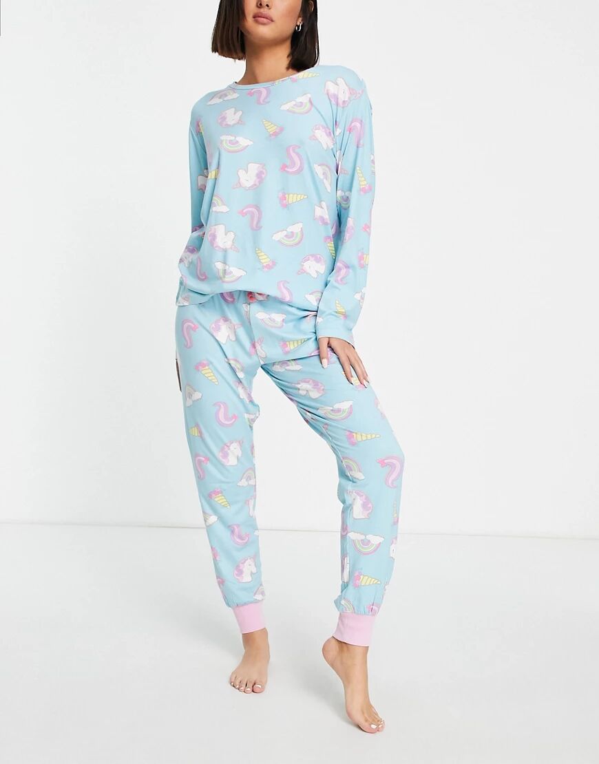 Chelsea Peers unicorn rainbow long pyjama set in blue  Blue