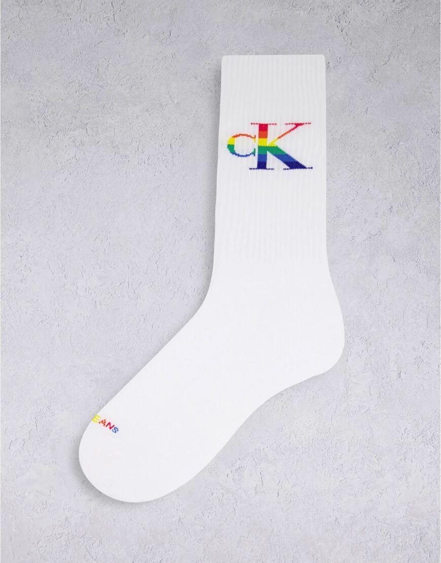 Calvin Klein CK Jeans Pride Zane ribbed logo socks in white  White