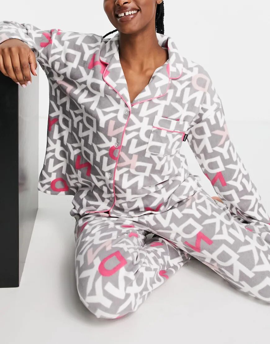 DKNY cosy stretch fleece gift wrapped logo printed revere pyjama set in grey/pink  Grey