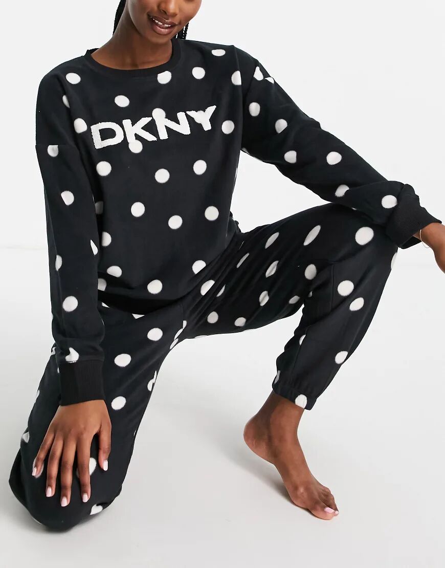 DKNY soft sweat and jogger lounge gift wrapped set in black polka dot print  Black