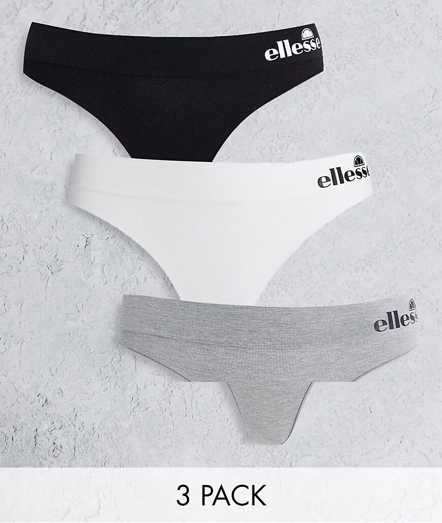 Ellesse 3 pack seamfree ribbed thongs in black white grey  Black