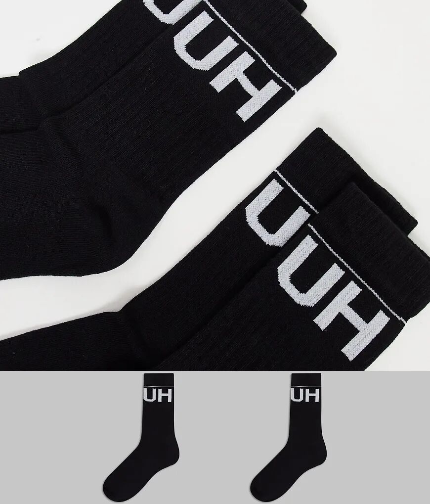 HUGO Bodywear HUGO 2 pack ribbed reversed large logo sport socks in black  Black