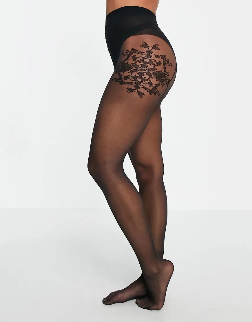 Hunkemoller 15 denier floral ornament back seam detail tights in black  Black