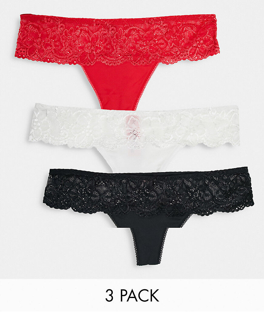 Hunkemoller 3 pack lace deep band thong in black white and red-Multi  Multi