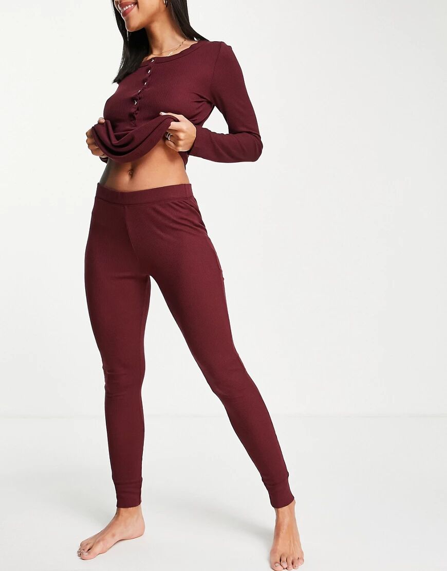 Hunkemoller button front detail mini waffle long sleeve top and legging lounge set in wine-Red  Red