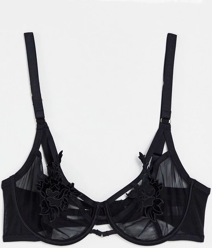 Hunkemoller Effie Fuller Bust floral applique bra with strapping detail in black  Black