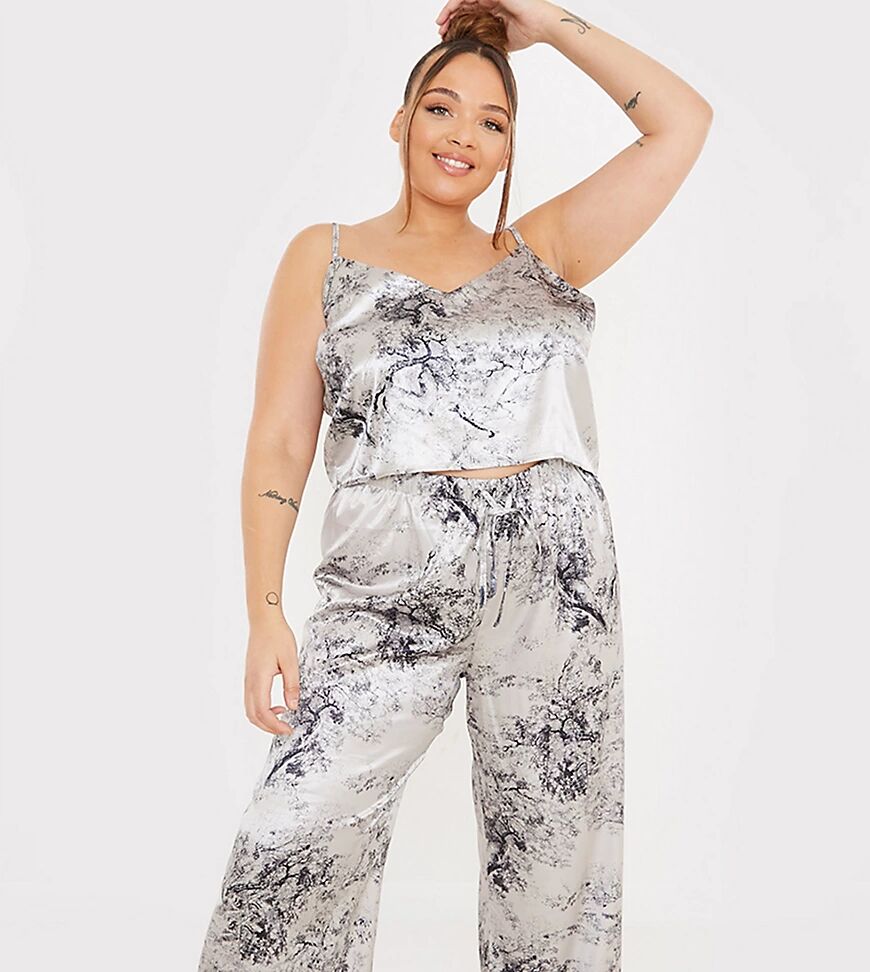 In The Style Plus x Lorna Luxe satin contrast trim pyjama cami and trouser set in navy multi  Navy
