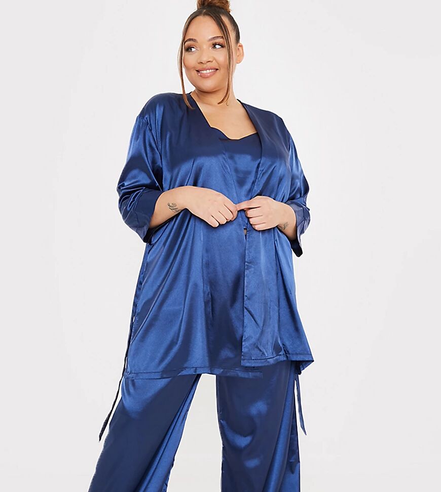 In The Style Plus x Lorna Luxe satin contrast trim robe with belt in navy  Navy