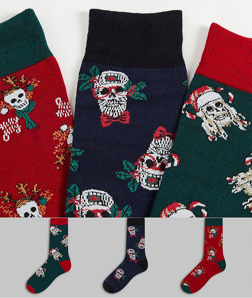 Jack & Jones 3 pack Christmas giftbox socks in skull print-Green  Green