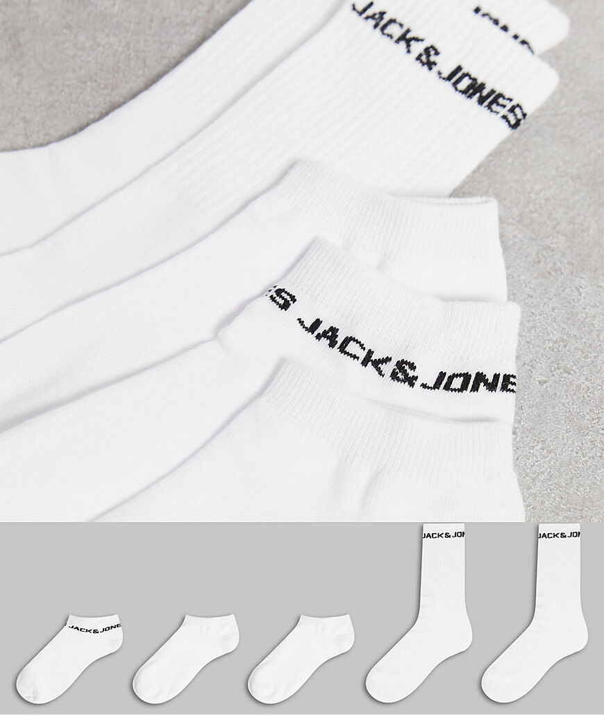 Jack & Jones 5 pack different style crew socks in white  White