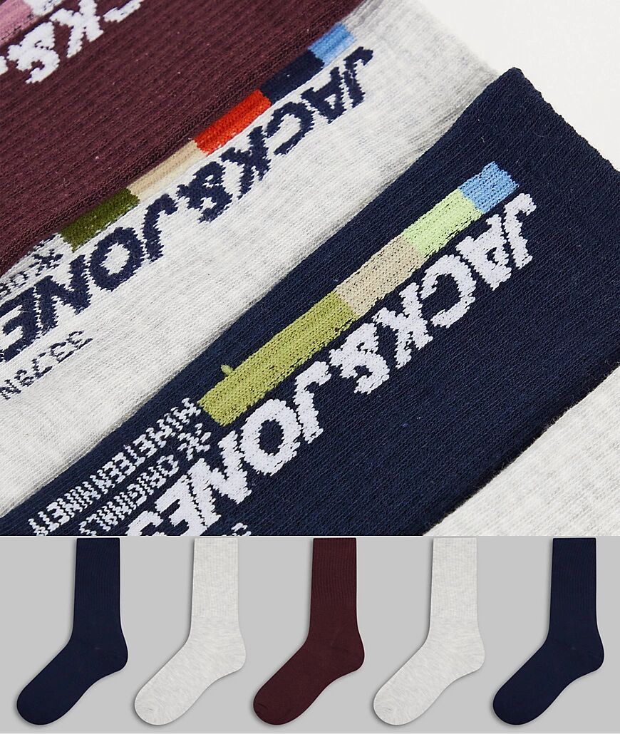 Jack & Jones 5 pack tennis socks with logo in multi  Multi