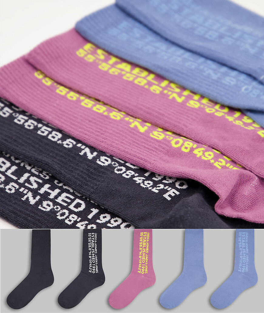 Jack & Jones 5 pack tennis socks with logo print in multi  Multi