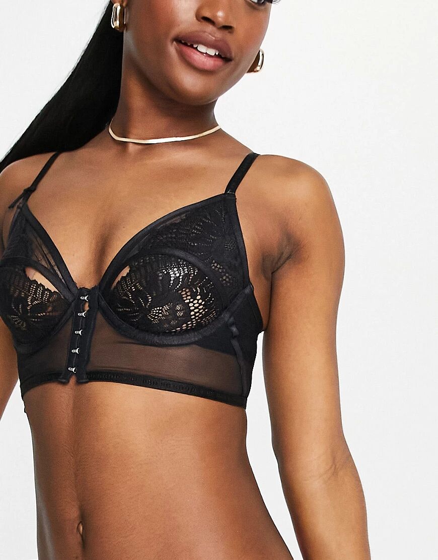 Knickerbox Planet Serenity Seduction sheer mesh and cut out lace longline bra in black  Black
