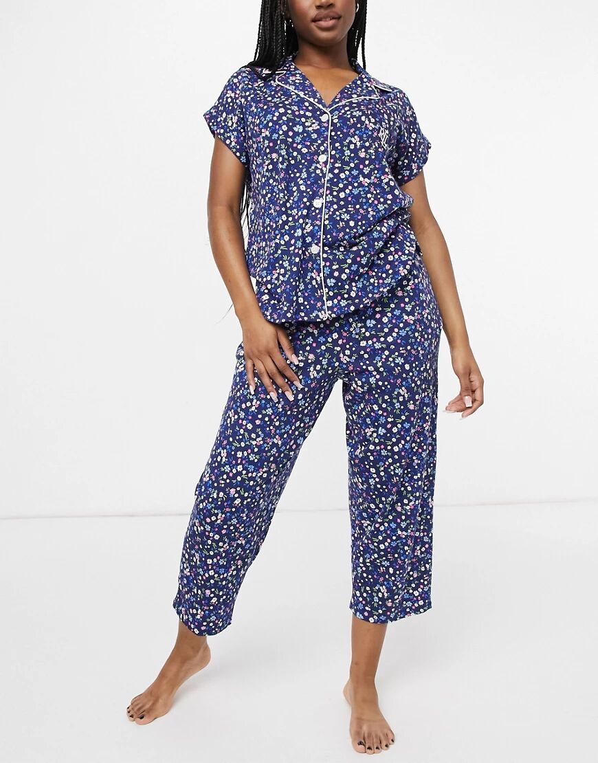 Lauren by Ralph Lauren notch collar capri pyjamas in navy print  Navy