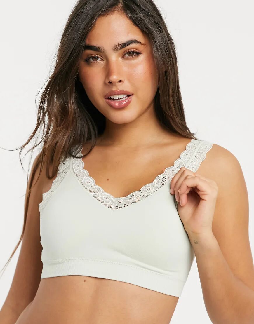 Lindex eco modal seamless rib bralette with lace trim and removeable pads in dusty green  Green