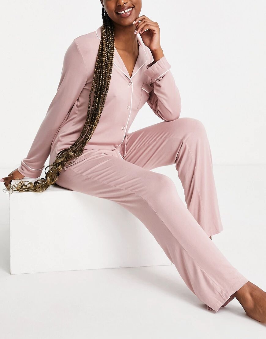 Lindex eco viscose jersey revere pyjama set in dusty pink  Pink