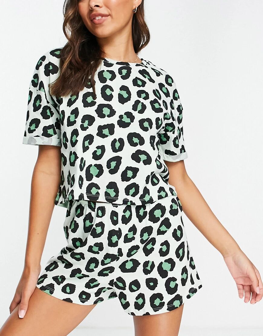 Lindex Exclusive Jenna organic cotton leopard print t-shirt and short set in mint-Green  Green