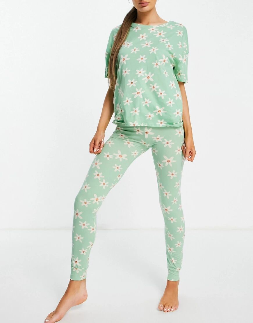 Lindex Exclusive Josie organic cotton daisy print t-shirt and legging set in sage green  Green