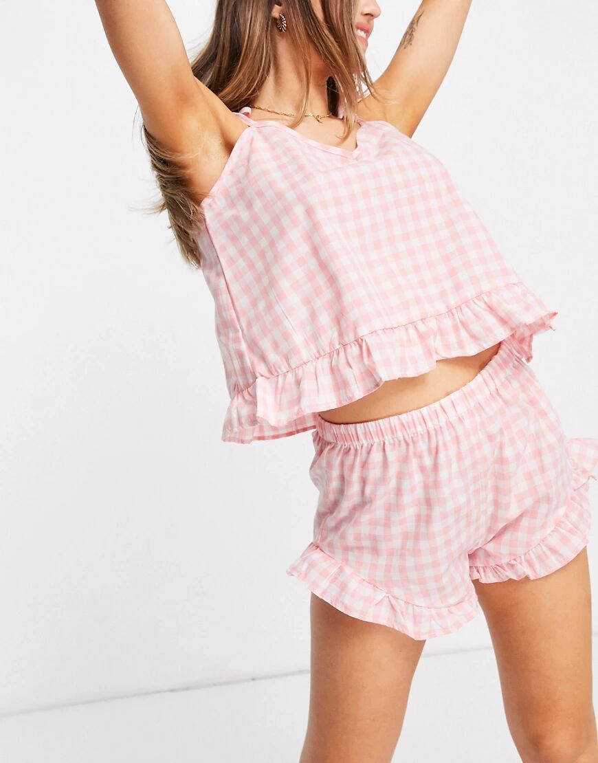 Loungeable frill cami and short pyjama set in pink gingham  Pink