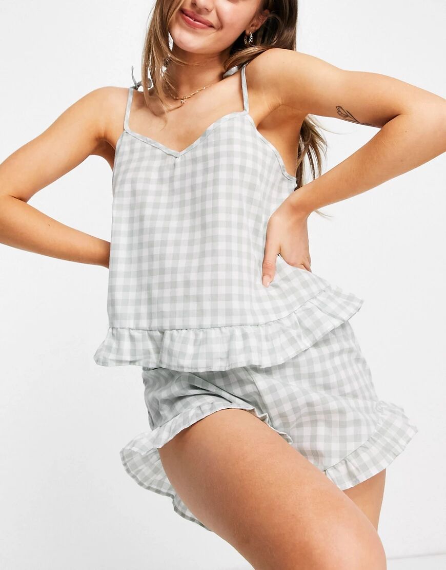 Loungeable frill cami and short pyjama set in sage gingham-Neutral  Neutral