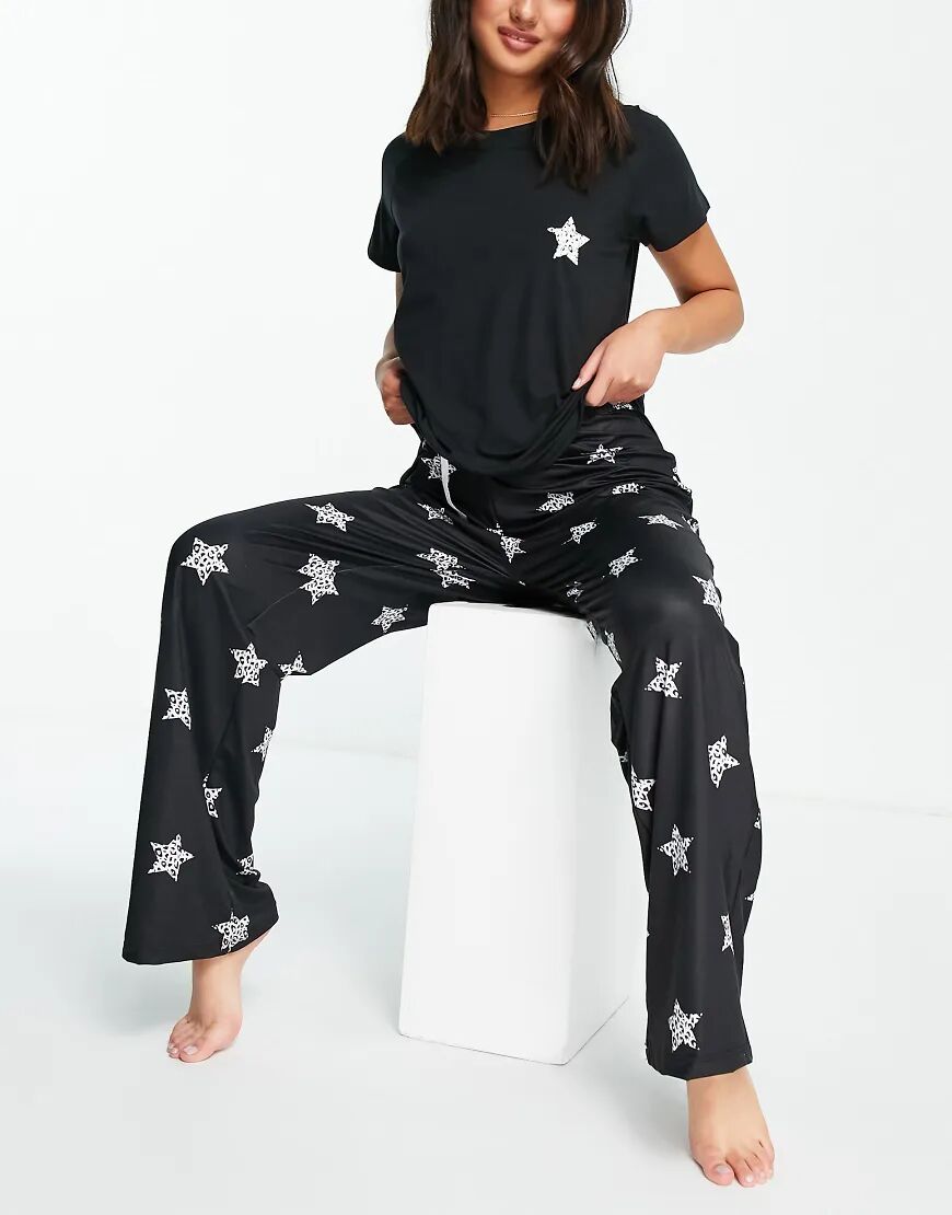 Loungeable long pyjama set with star print in black-Multi  Multi