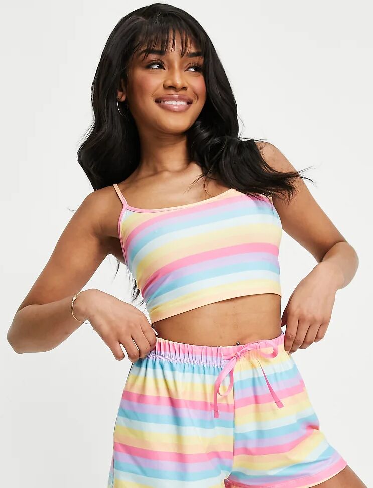 Loungeable Petite crop cami and short pyjama set in sorbet rainbow-Multi  Multi