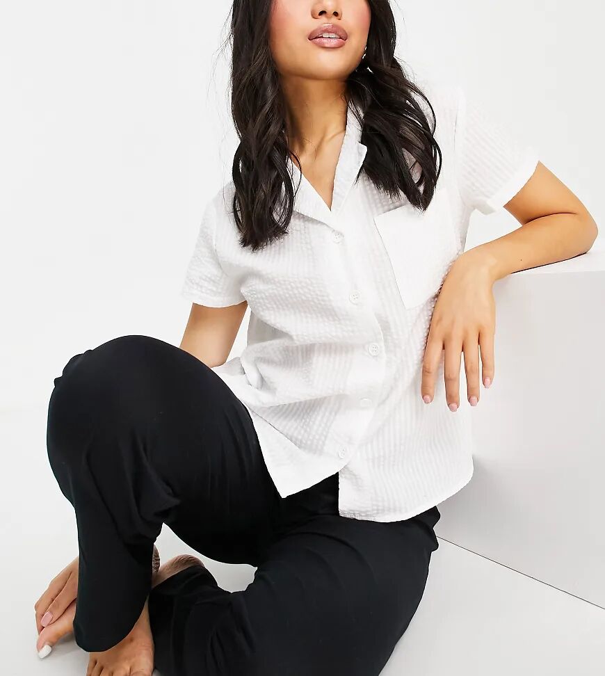 Loungeable Petite mix and match seersucker pyjama shirt in white  White