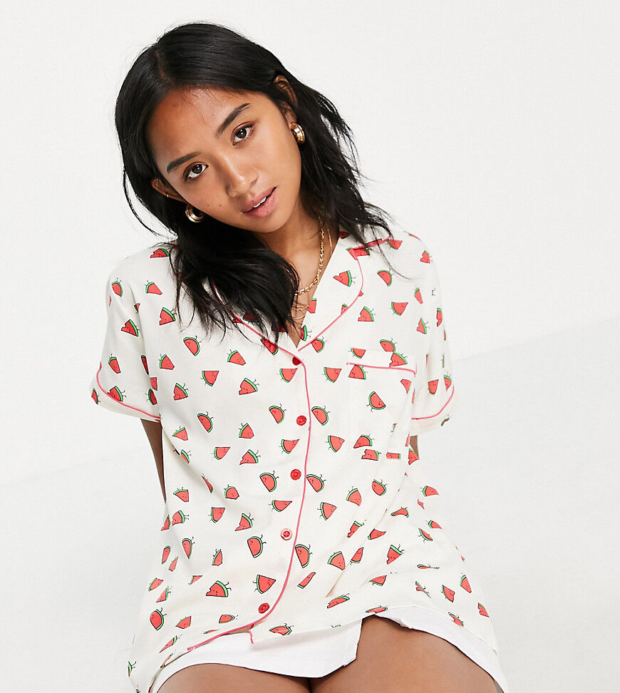 Loungeable Petite polycrepe pyjama shirt in watermelon print-Multi  Multi
