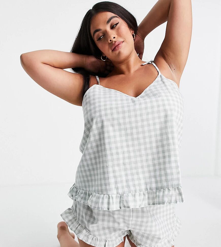Loungeable Plus frill cami and short pyjama set in sage gingham-Green  Green