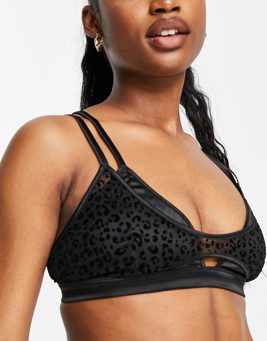 Loungeable satin and leopard flock double layer bra in black  Black