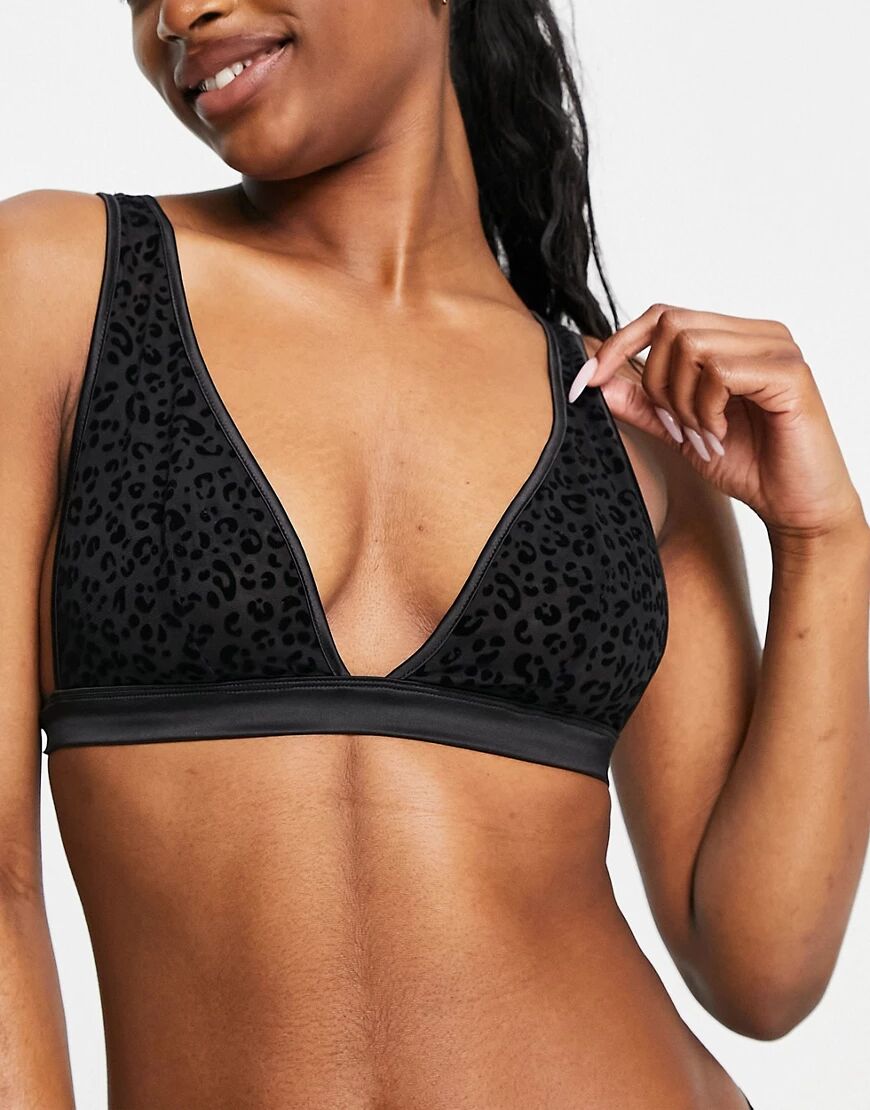 Loungeable satin and leopard flock high apex triangle bra in black  Black