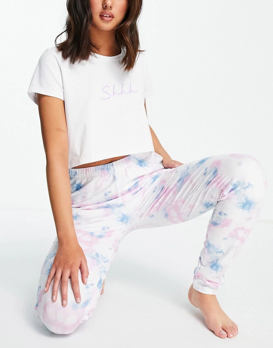 Loungeable shhh t shirt and legging pyjama set in pastel tie dye-Multi  Multi