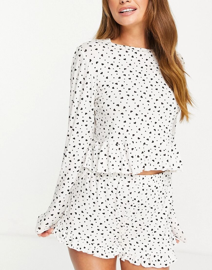 Miss Selfridge long sleeve heart print top and short pyjama set-White  White