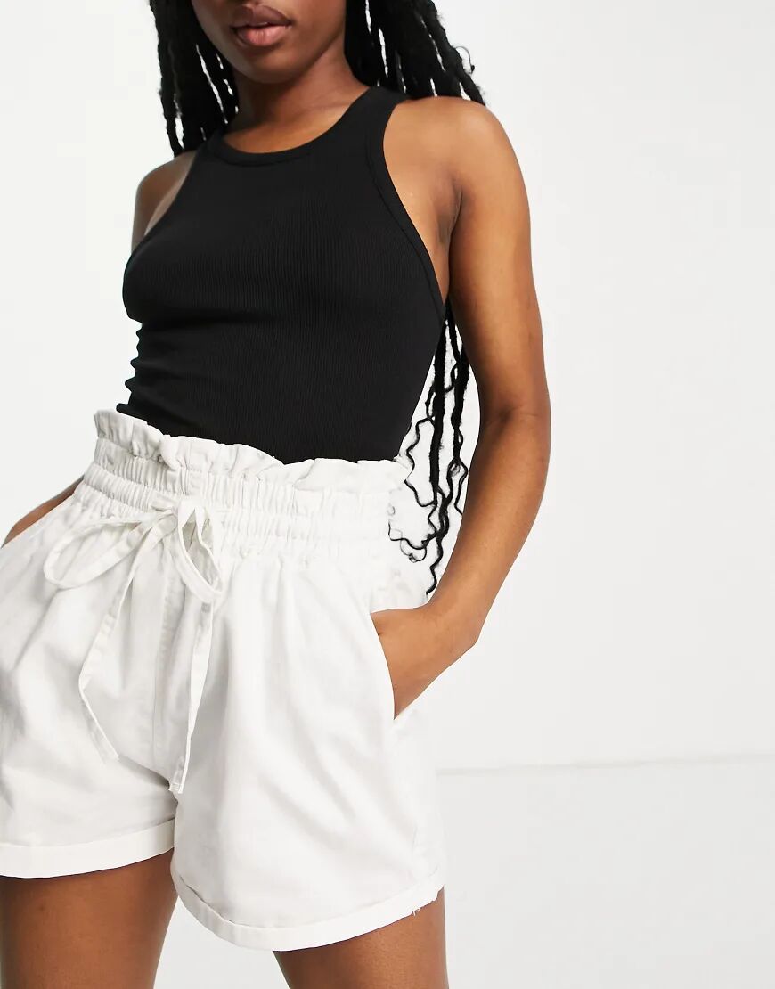 Missguided denim shorts with tie waist in white  White