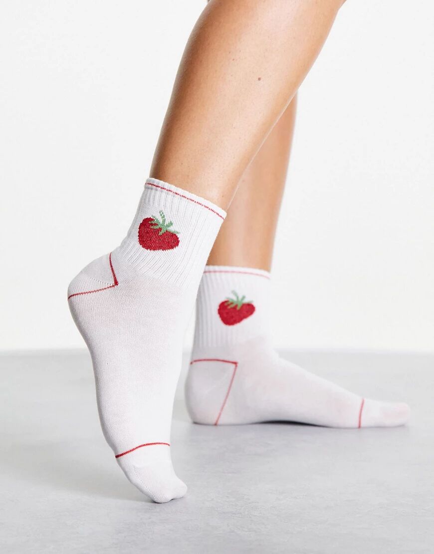 Monki Lotta organic blend cotton strawberry embroidered sock in white  White