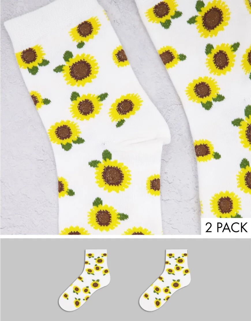 Monki Polly 2 pack organic blend cotton sunflower print socks in white  White