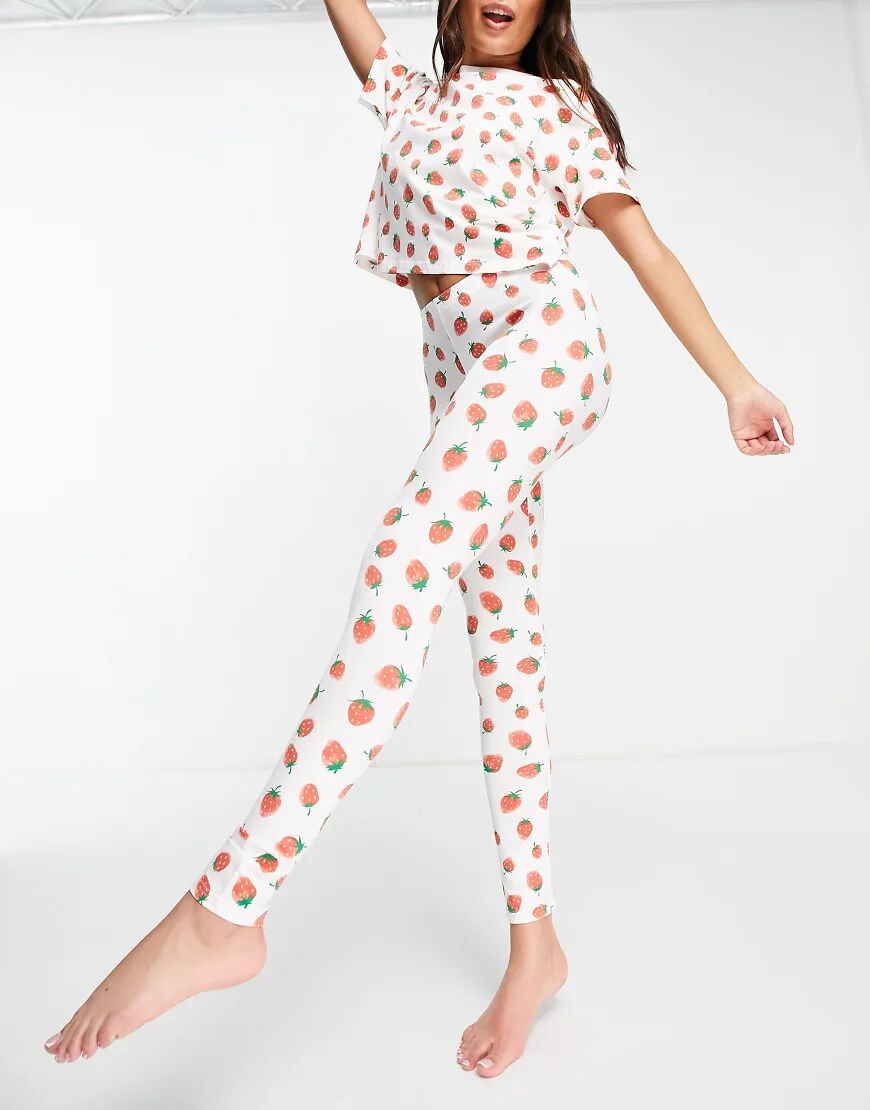 Monki Teddy organic cotton strawberry print pyjama set in white  White