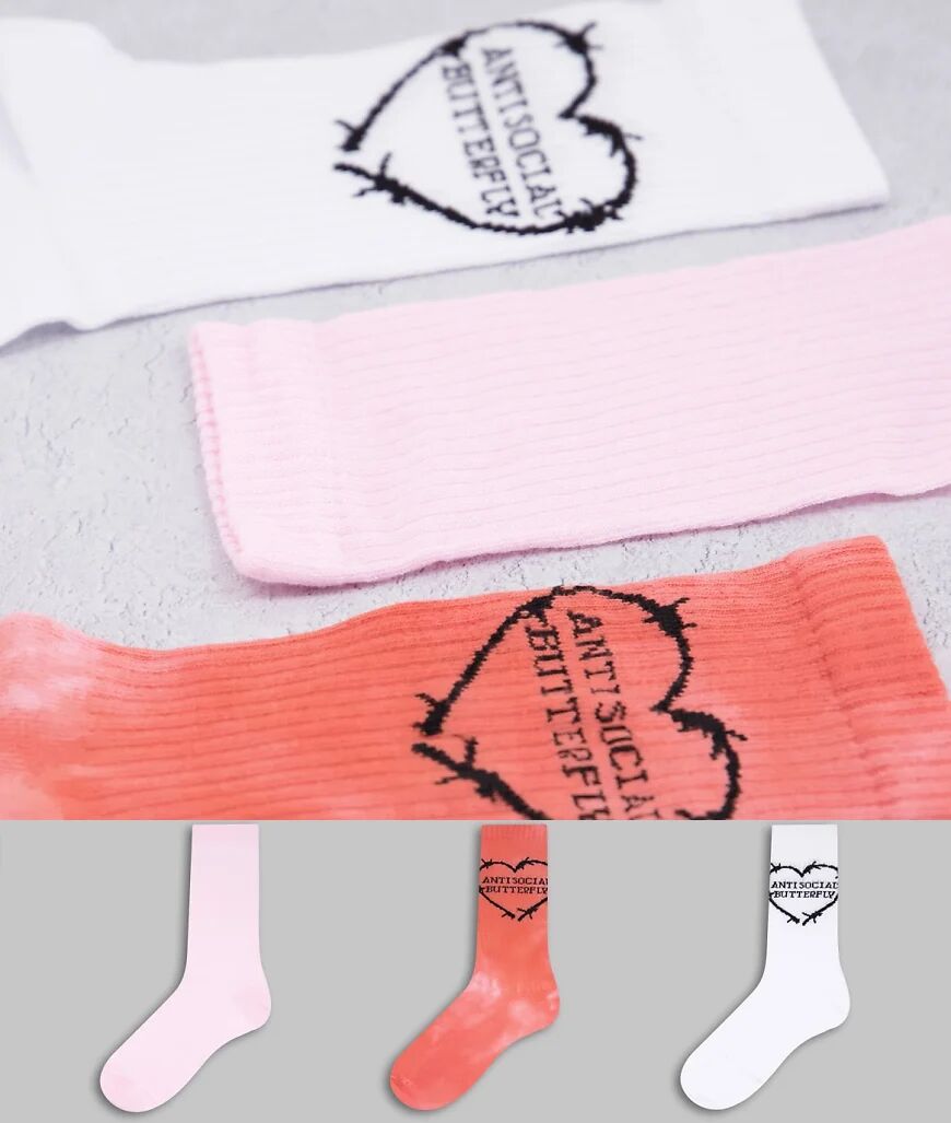 New Girl Order antisocial butterfly 3 x multipack socks in pink tie dye multi  Multi