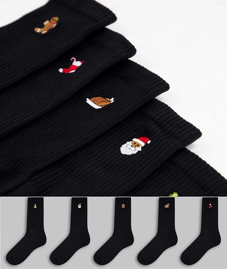 New Look 5 pack socks with xmas embroidery in black multi  Black