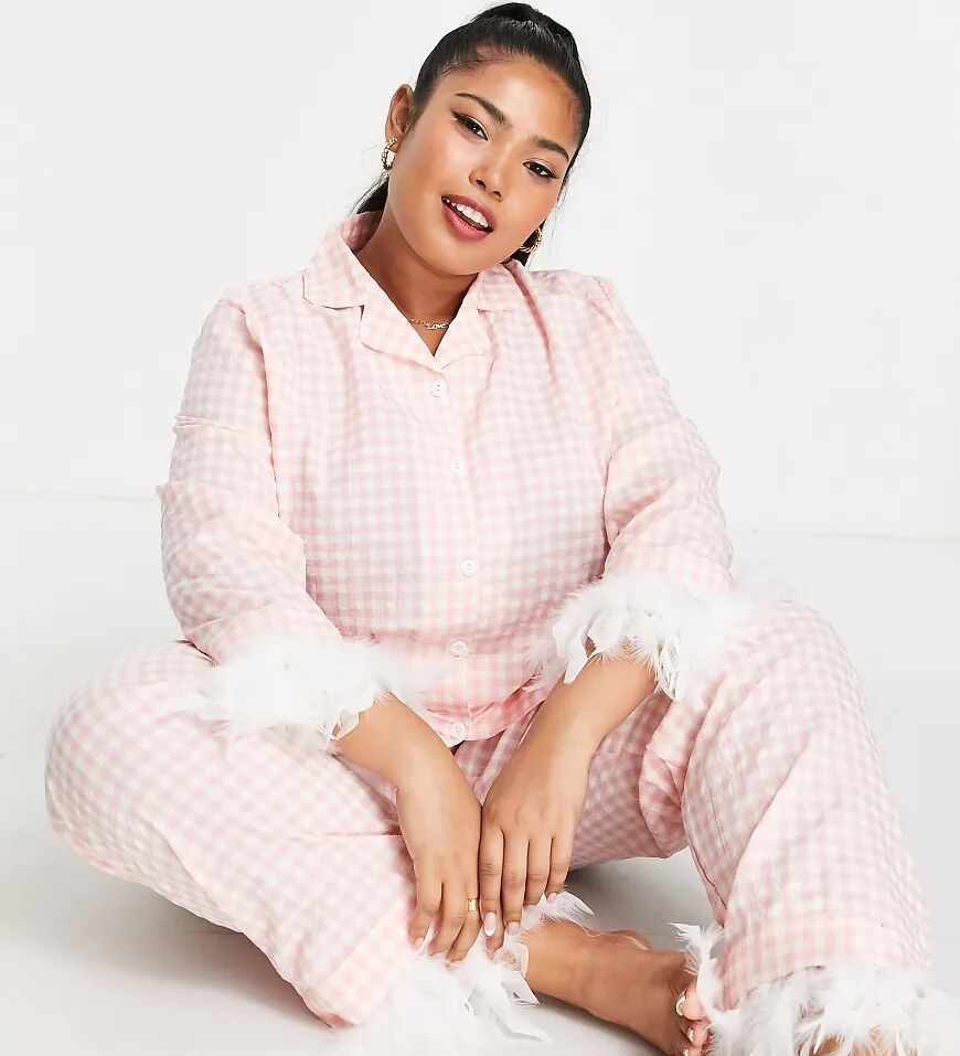 Night Plus gingham long pyjama set with detachable feather trims in white/pink  Pink