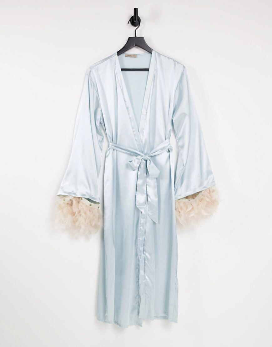 Night satin robe with detachable faux feather trim in aqua-Blue  Blue