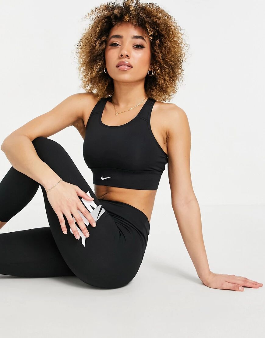 Nike Training swoosh long line mid support sports bra in black  Black