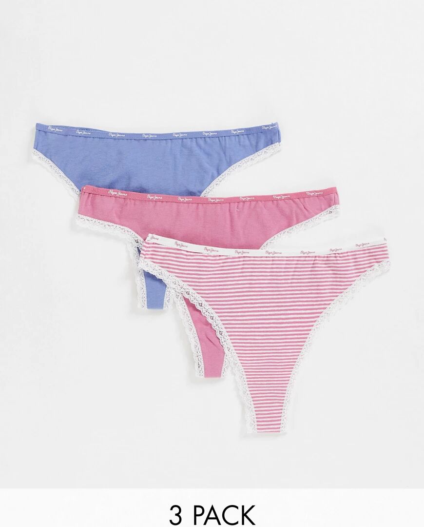 Pepe Jeans belle 3 pack thongs in stripe washed berry and blue-Pink  Pink