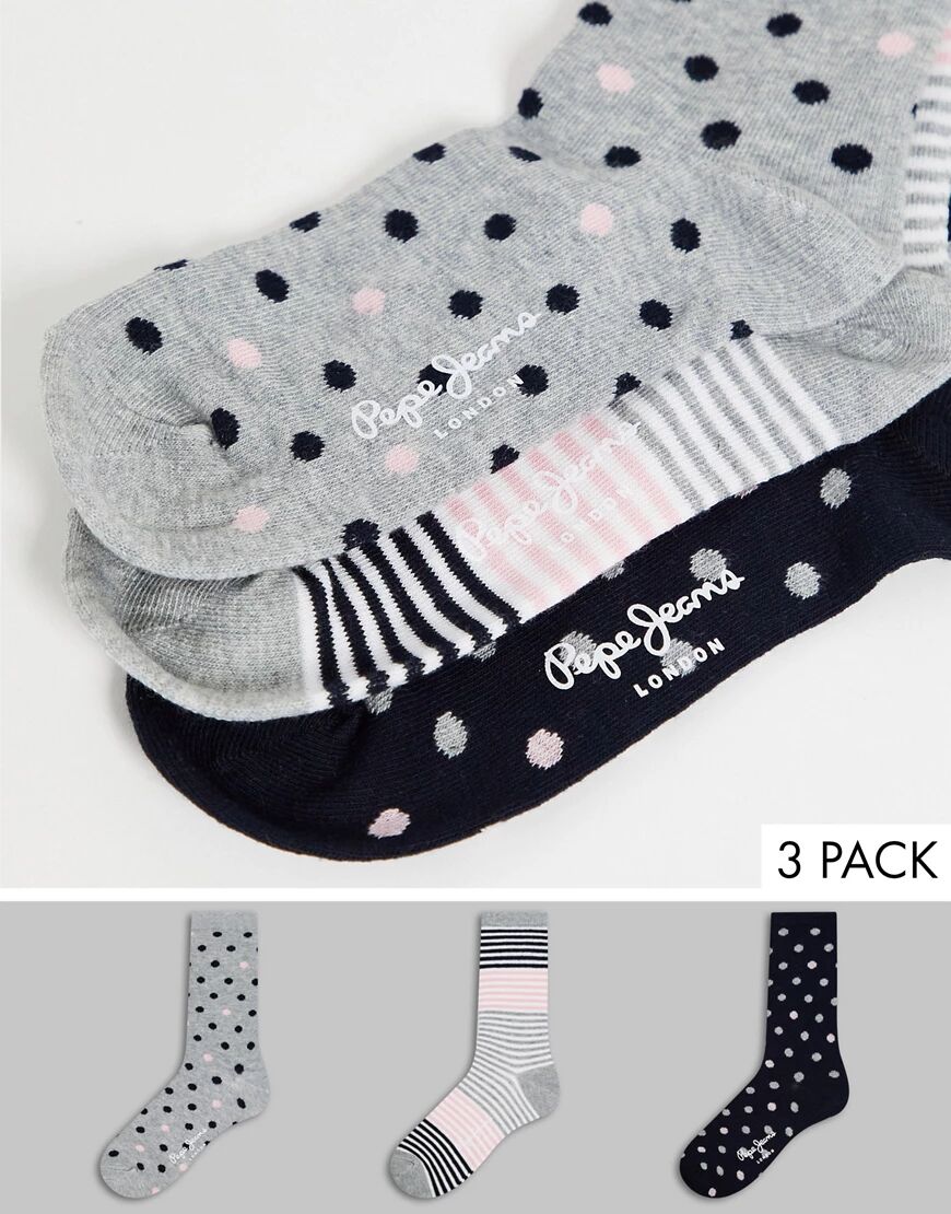 Pepe Jeans evelyn 3 pack stripe and spot socks in black grey pink  Grey