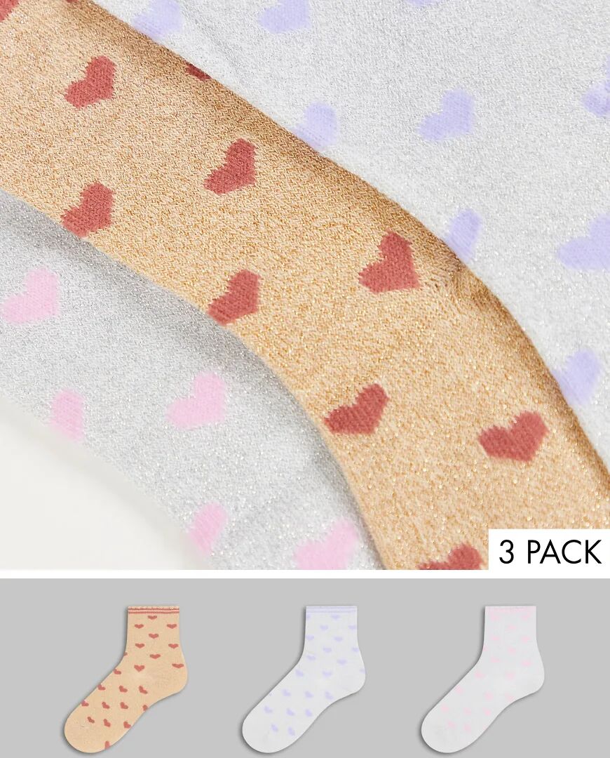 Pieces 3 pack ribbed socks in heart print-Multi  Multi