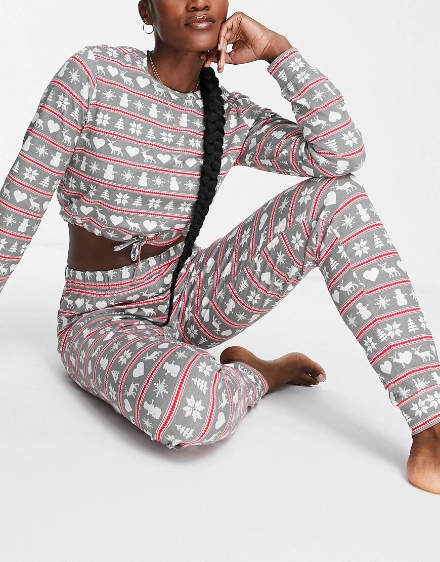 Pieces Christmas pyjama set in light grey fairisle print-Multi  Multi