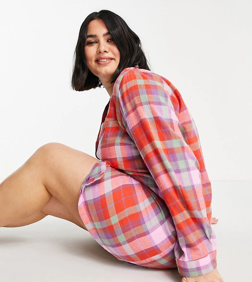 Pieces Plus Pieces Curve long sleeve oversized pyjama shirt in red check-Multi  Multi