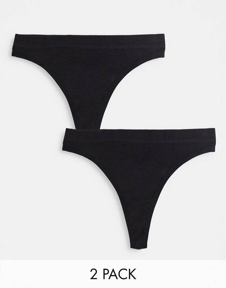 Pieces lounge 2 pack ribbed thong co-ord in black  Black