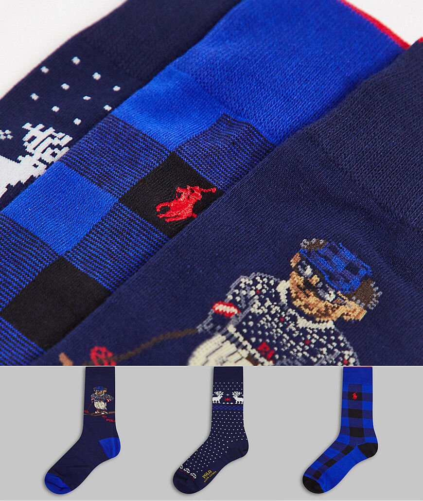 Polo Ralph Lauren gift box 3 pack socks in navy with bear and christmas print  Navy