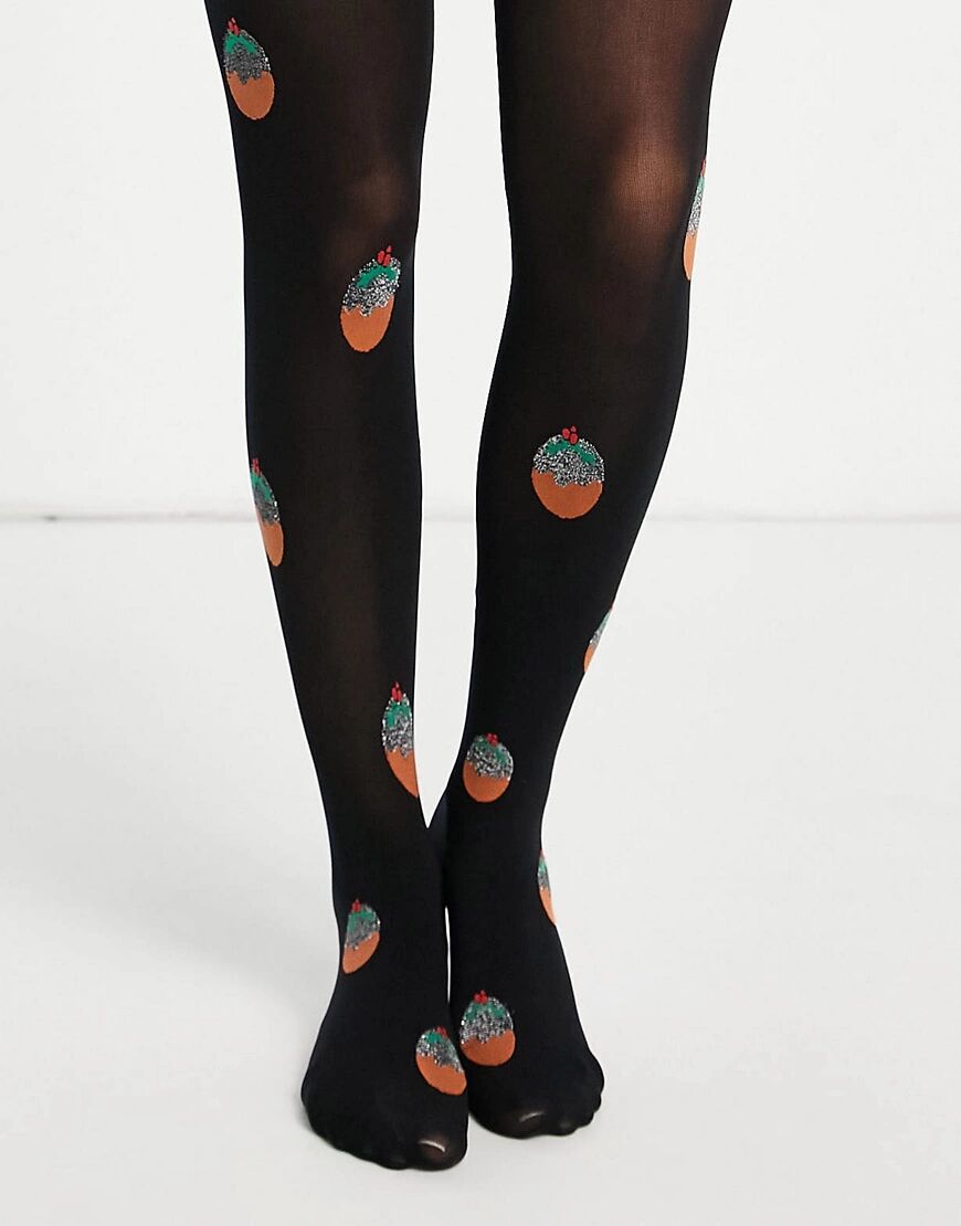 Pretty Polly Christmas glitter pudding tights in black  Black